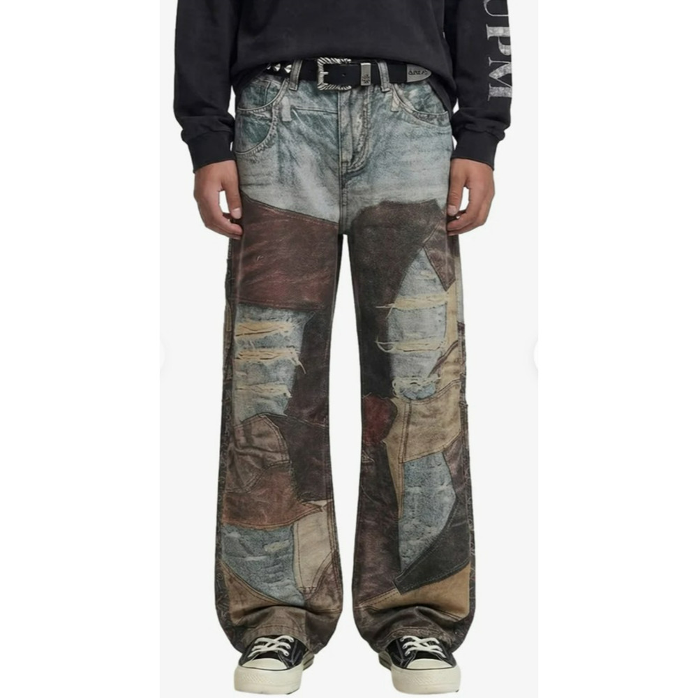 Supermade High Street Distressed Washed Printed Patchwork Jeans Size 2XL